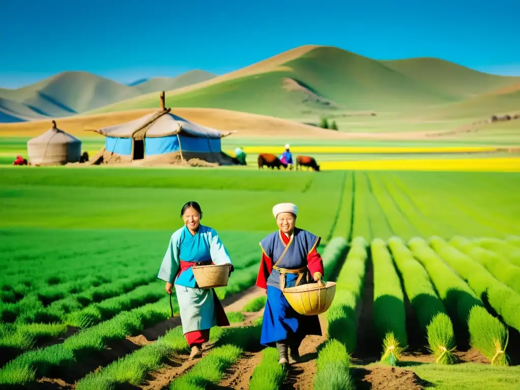 Una familia mongola tradicional cultiva sus campos verdes bajo un cielo azul