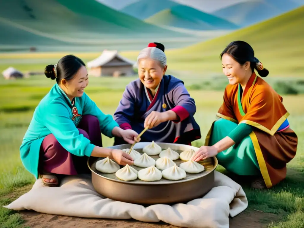 Una familia mongola preparando dumplings tradicionales en paisaje impresionante