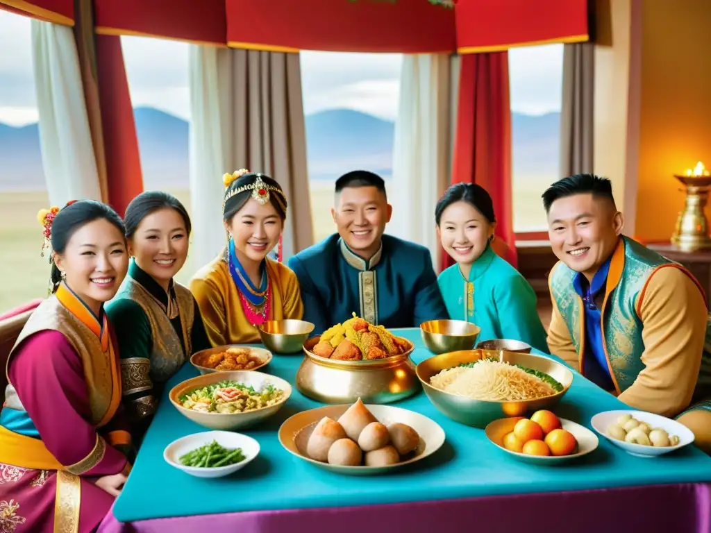 Una familia mongola celebra Tsagaan Sar con coloridas decoraciones y platos tradicionales en un ambiente cálido y acogedor