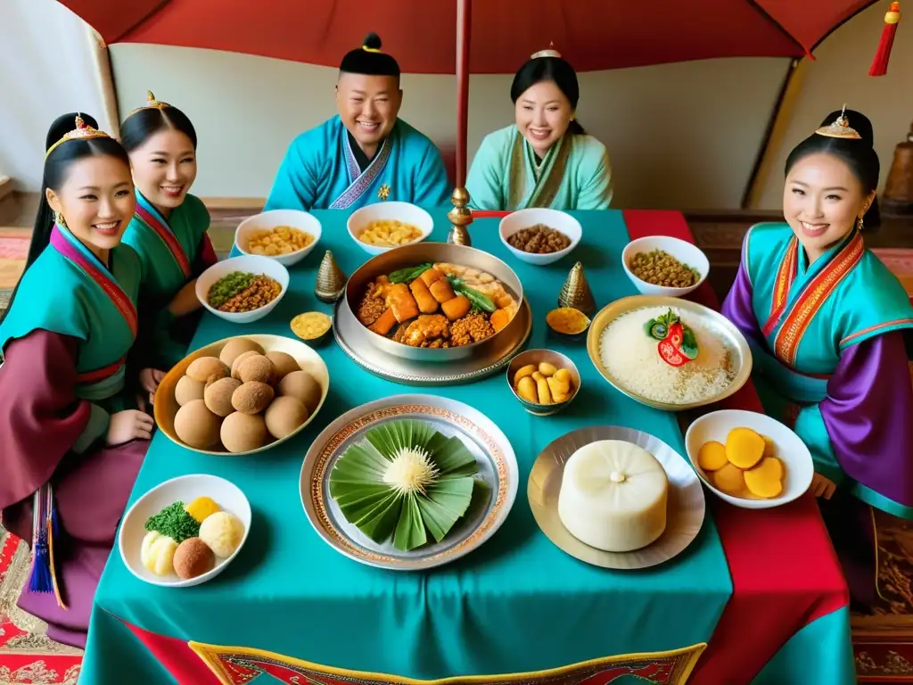 Una familia mongola celebrando Tsagaan Sar con comida tradicional, vestimenta colorida y decoraciones ornamentales