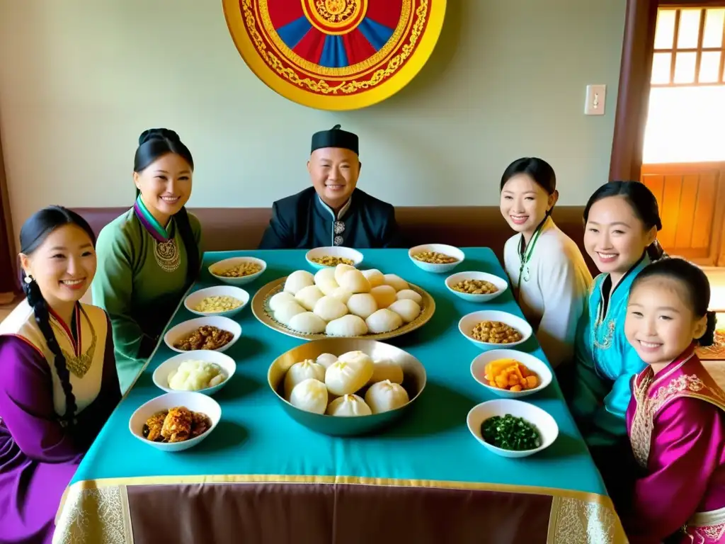 Una familia mongola celebra el Tsagaan Sar con mesa festiva y vestimenta tradicional, capturando la esencia de los orígenes Tsagaan Sar Mongolia