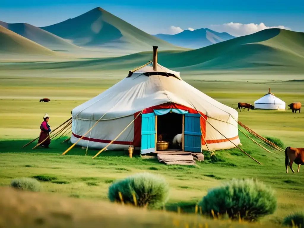 Vida nómada en la estepa mongol Una familia nómada mongola realiza actividades diarias en su tradicional ger, demostrando el Sistema de meritocracia mongol