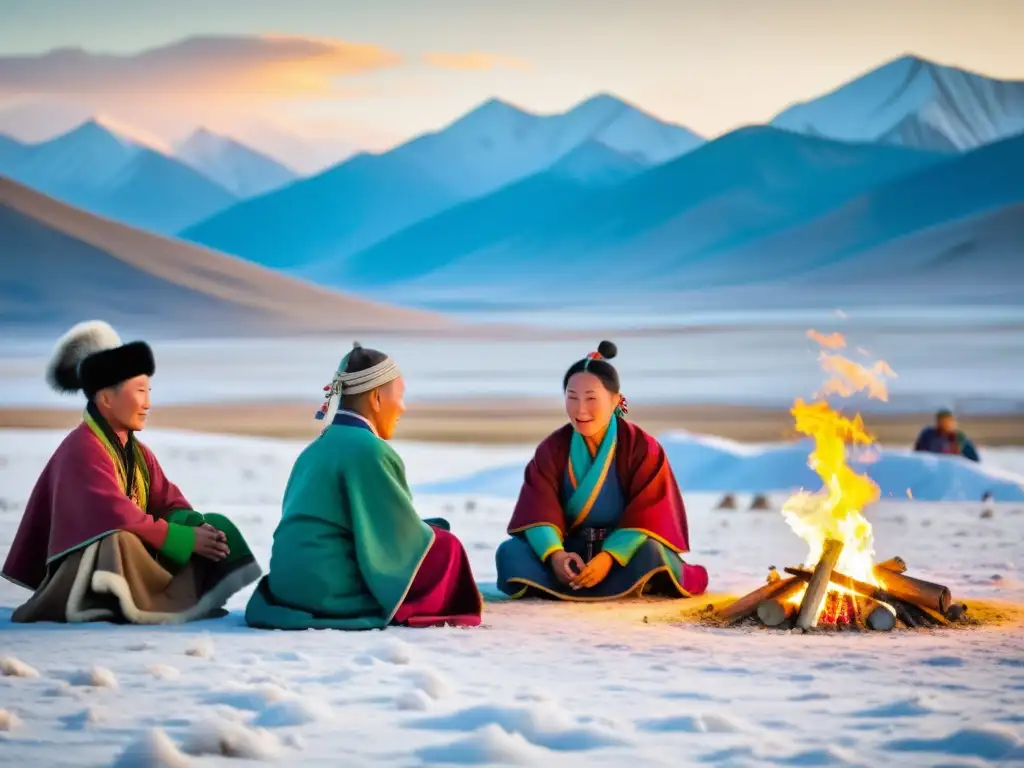 Una familia nómada mongola celebra el Año Nuevo Lunar Mongol, realizando rituales tradicionales en la estepa nevada, con banderas de oración al viento y montañas majestuosas al fondo, capturando la esencia cultural y significado del Año Nuevo Lunar Mongol