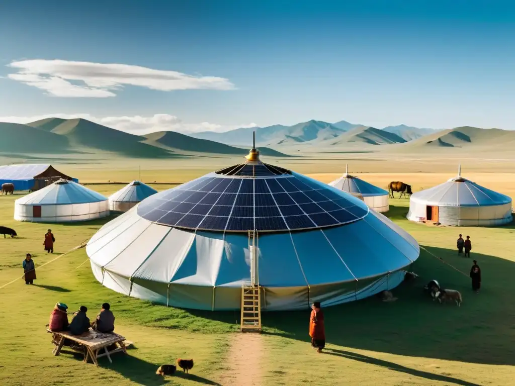 Una familia nómada mongol se reúne alrededor de una antena solar, fusionando tradición y tecnología en la transformación digital de la sociedad nómada