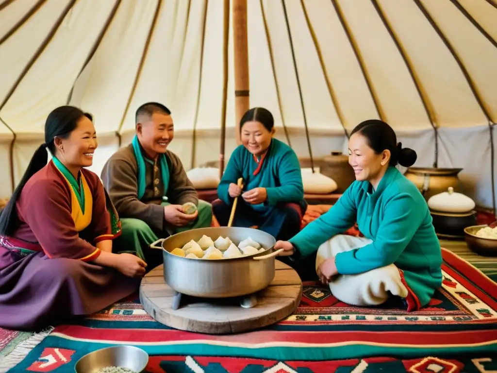 Una familia mongola nómada preparando buuz en su acogedora ger, reflejando la conexión entre comida, familia y cultura mongola