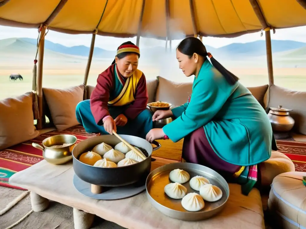 Una familia nómada tradicional mongola preparando buuz en su ger con la vasta estepa de Mongolia al fondo