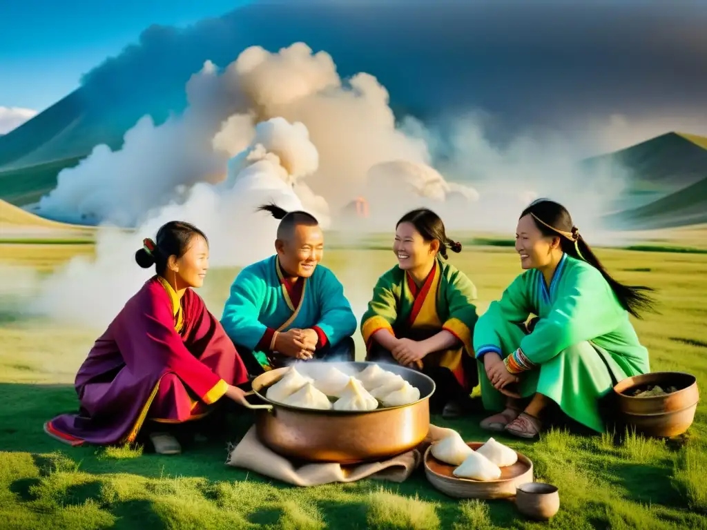 Una familia nómada tradicional mongola preparando buuz en la estepa, con el sol dorado bañando la escena