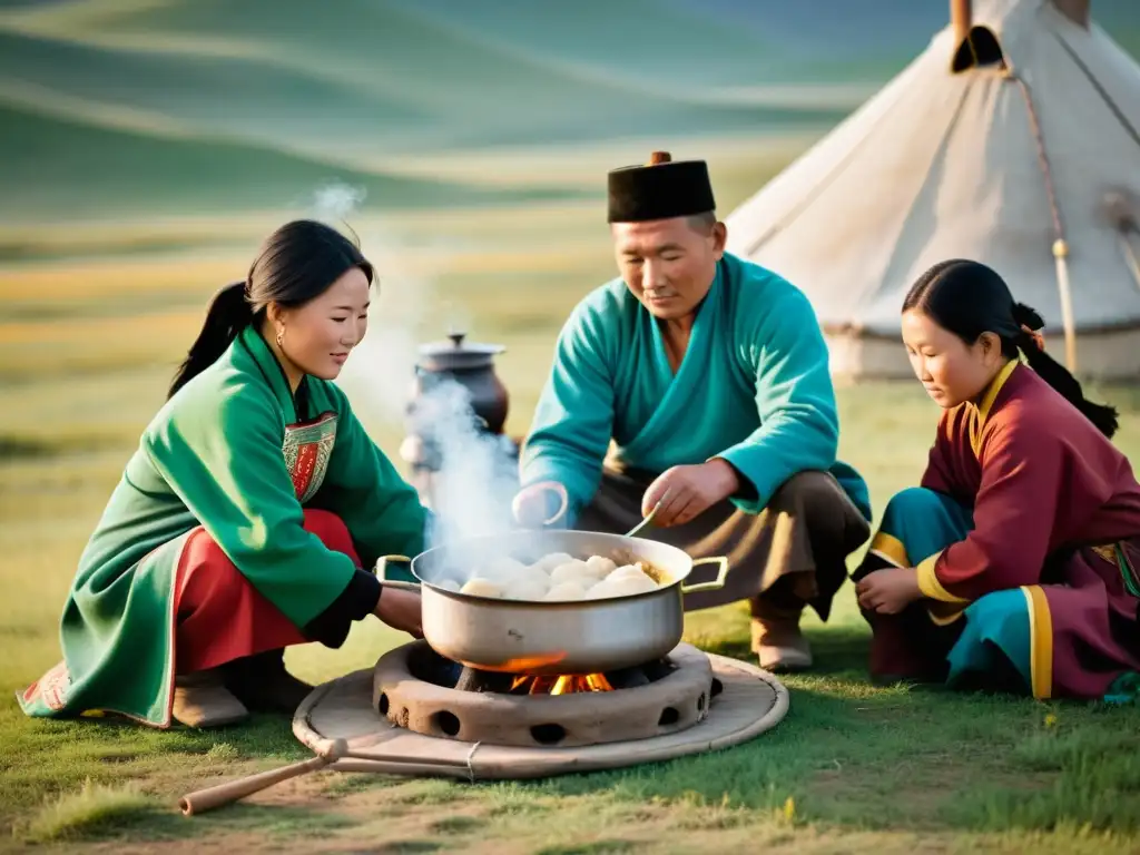 Una familia nómada mongola preparando buuz tradicionales sobre el fuego en la estepa de Mongolia