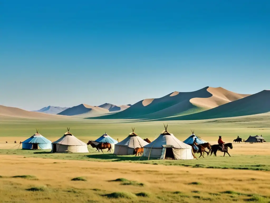 Una familia nómada viaja a caballo por las estepas de Mongolia, con yurtas tradicionales en el fondo, bajo un cielo azul