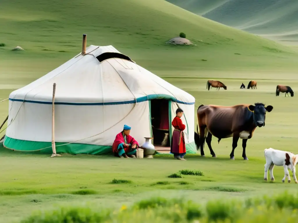 Una familia nómada mongola cuida de sus caballos y vacas, mientras los niños juegan en la vasta belleza de Mongolia