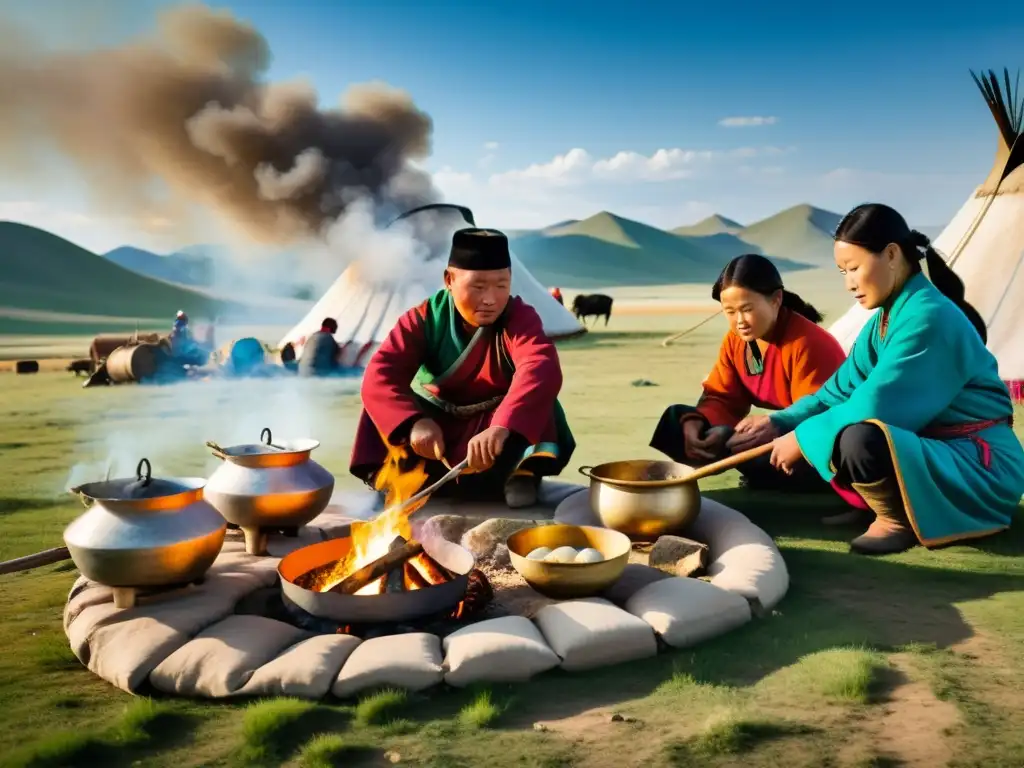 Una familia nómada tradicional de Mongolia cocina al aire libre en las vastas estepas, mostrando técnicas de cocina al aire libre en Mongolia