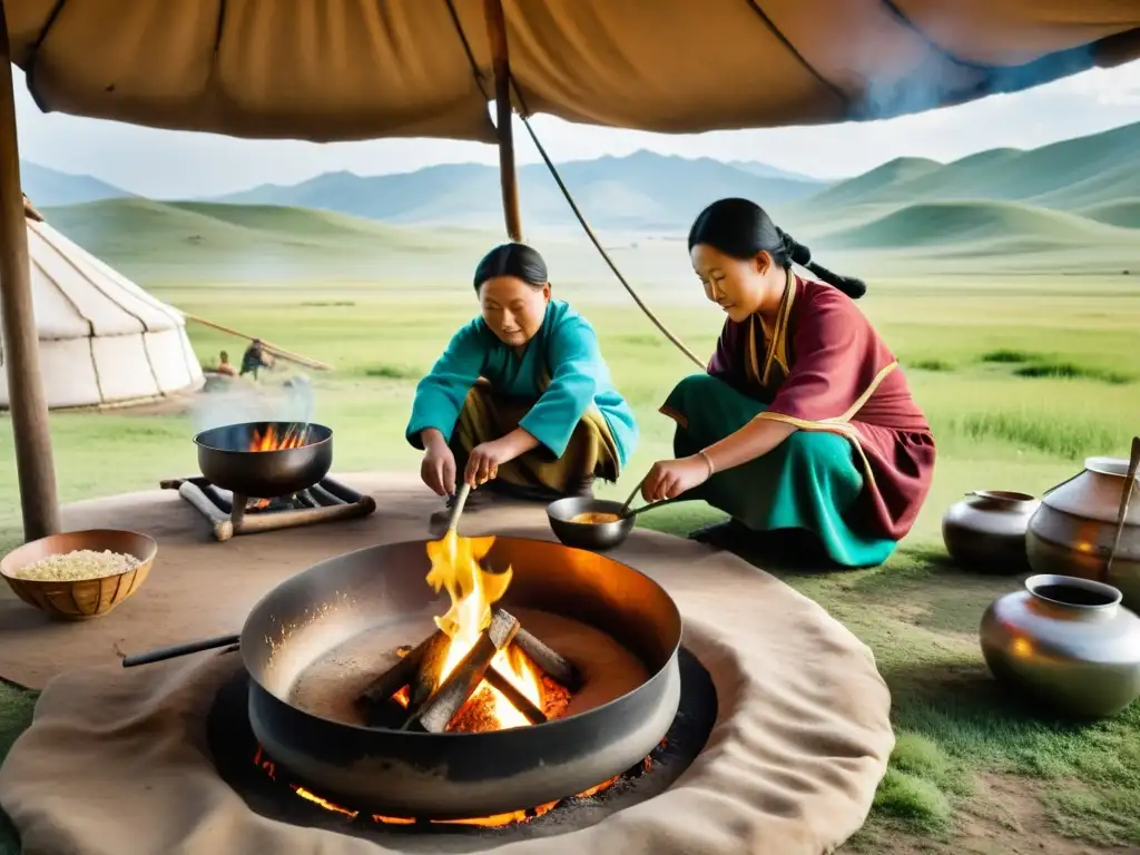 Una familia nómada mongola preparando comida tradicional en su ger, mostrando influencias externas en cocina mongola en la vasta estepa