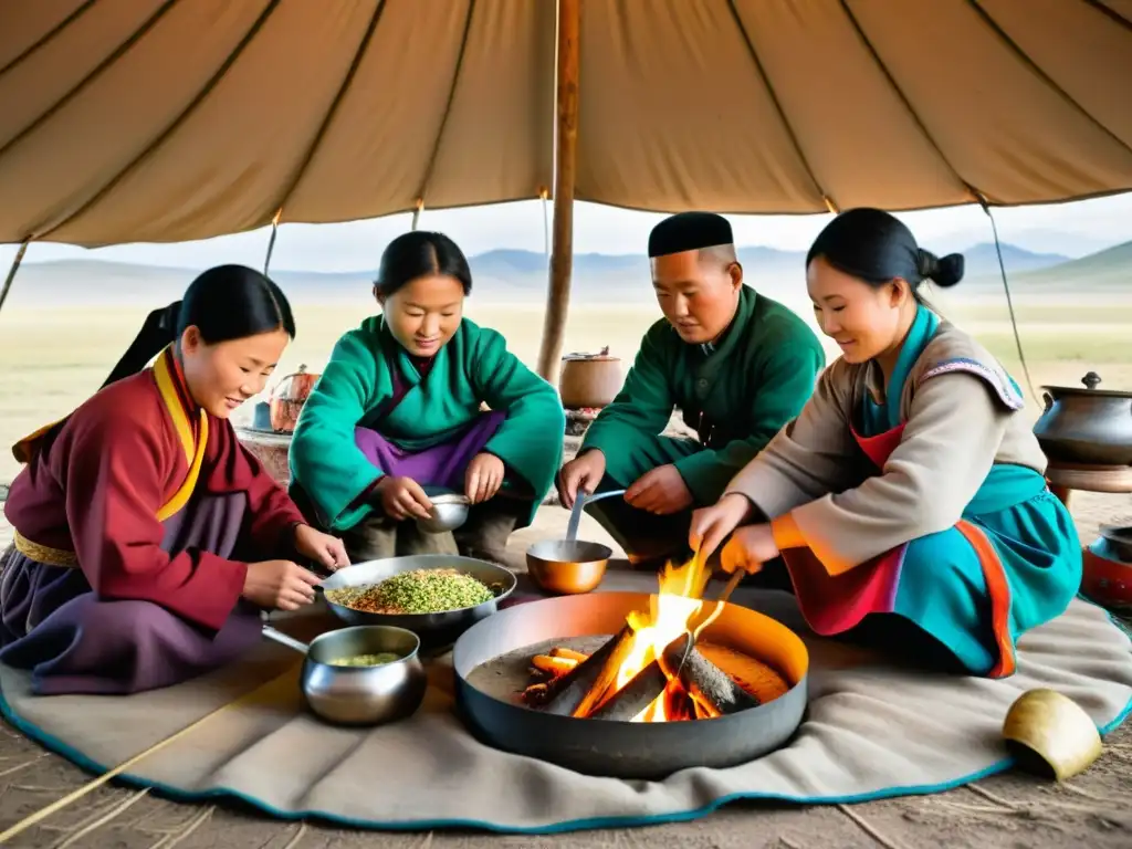 Una familia nómada mongola prepara una comida tradicional en su tienda ger, rodeada de utensilios de cocina y paisajes majestuosos