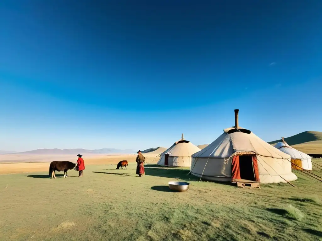 Una familia nómada en la estepa mongol enseña a su hijo a disparar arco y flecha, mientras la madre cocina al fuego y jinetes galopan en la distancia