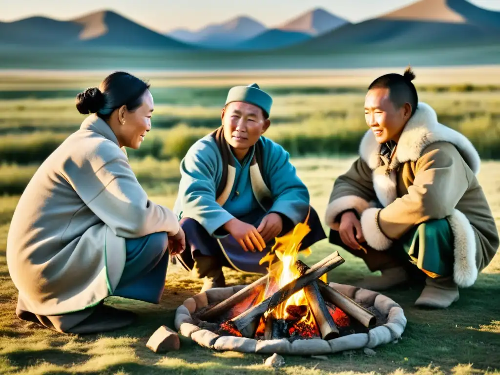 Una familia nómada mongol se reúne alrededor de una fogata en las llanuras de Mongolia