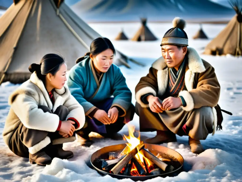 Una familia nómada mongola se reúne alrededor de una fogata en un paisaje nevado, mostrando su supervivencia en la cultura mongol