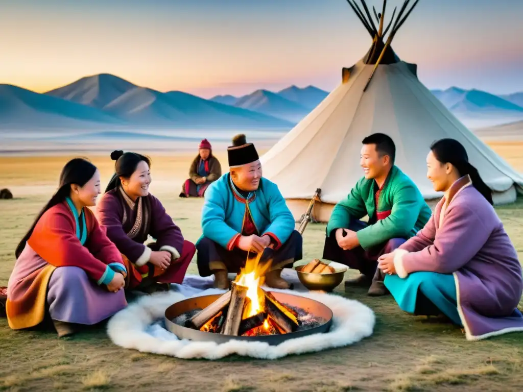 Una familia nómada mongola se reúne alrededor de una fogata en la vasta estepa nevada, celebrando el significado del Año Nuevo Lunar Mongol con comida tradicional y hermosas yurtas de fondo