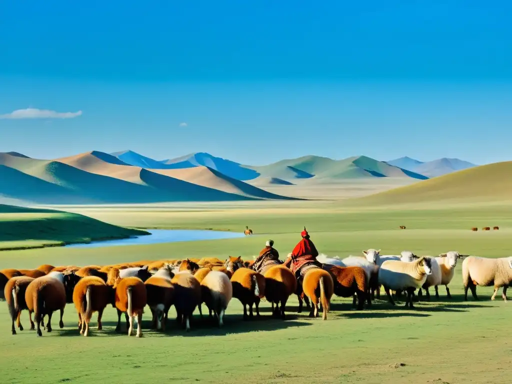 Una familia nómada tradicional de Mongolia pastorea su ganado en la vasta estepa dorada bajo un cielo azul