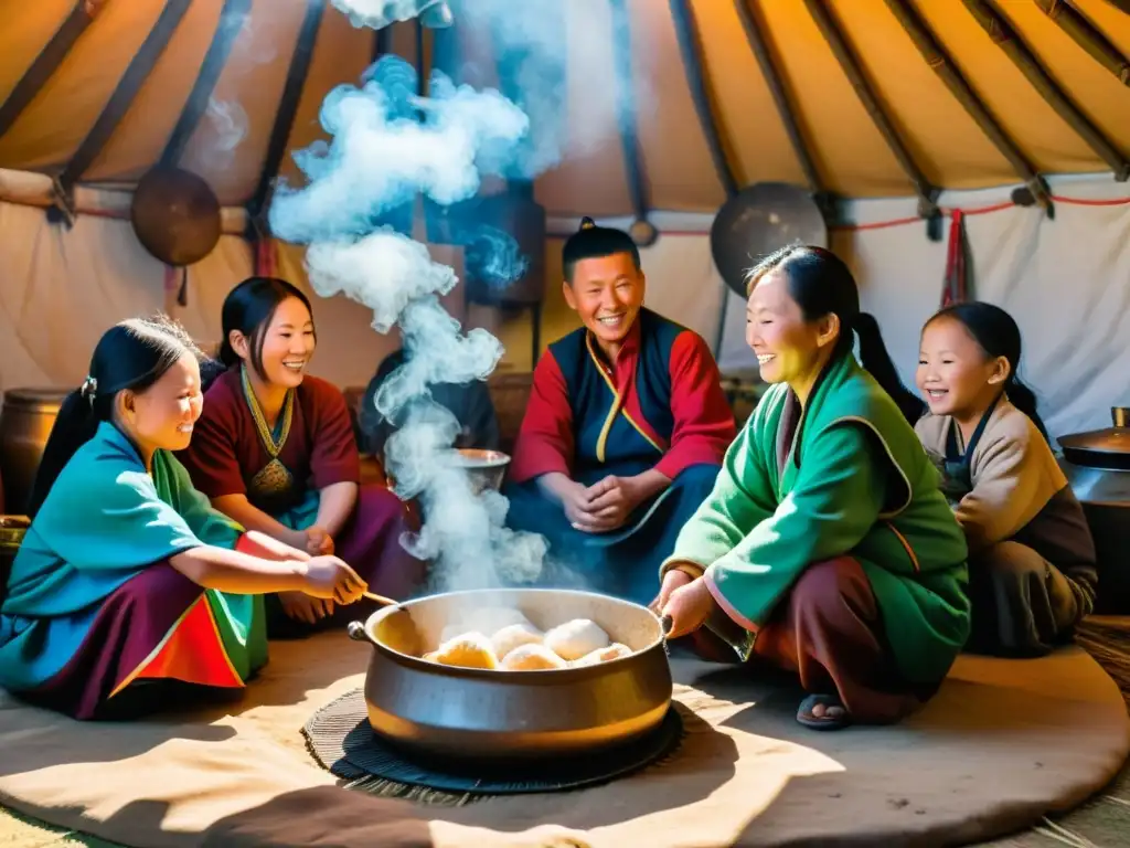 Una familia nómada mongola prepara buuz en su ger, envueltos en coloridos trajes tradicionales, bajo la luz cálida