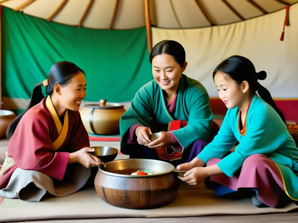 Una familia nómada mongola comparte airag en un ger, reflejando la tradición del airag en Mongolia