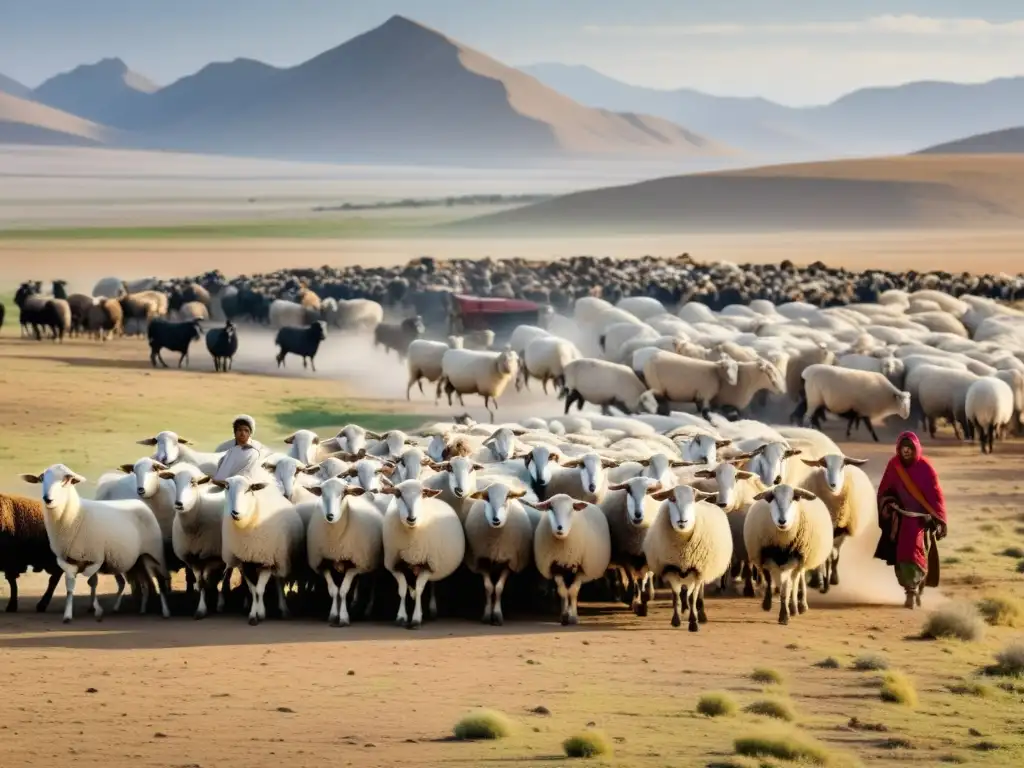 Familia nómada pastoreando una gran manada de ovejas y cabras en la vasta llanura