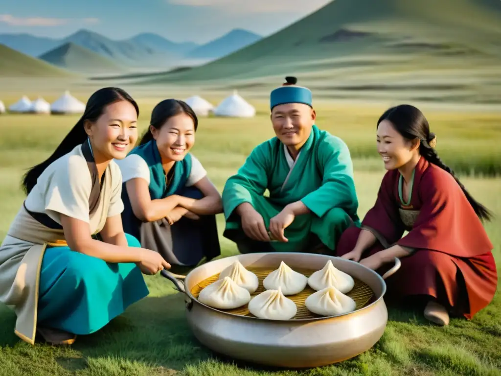 Una familia nómada tradicional del Imperio Mongol prepara buuz al aire libre, en un paisaje vasto y hermoso