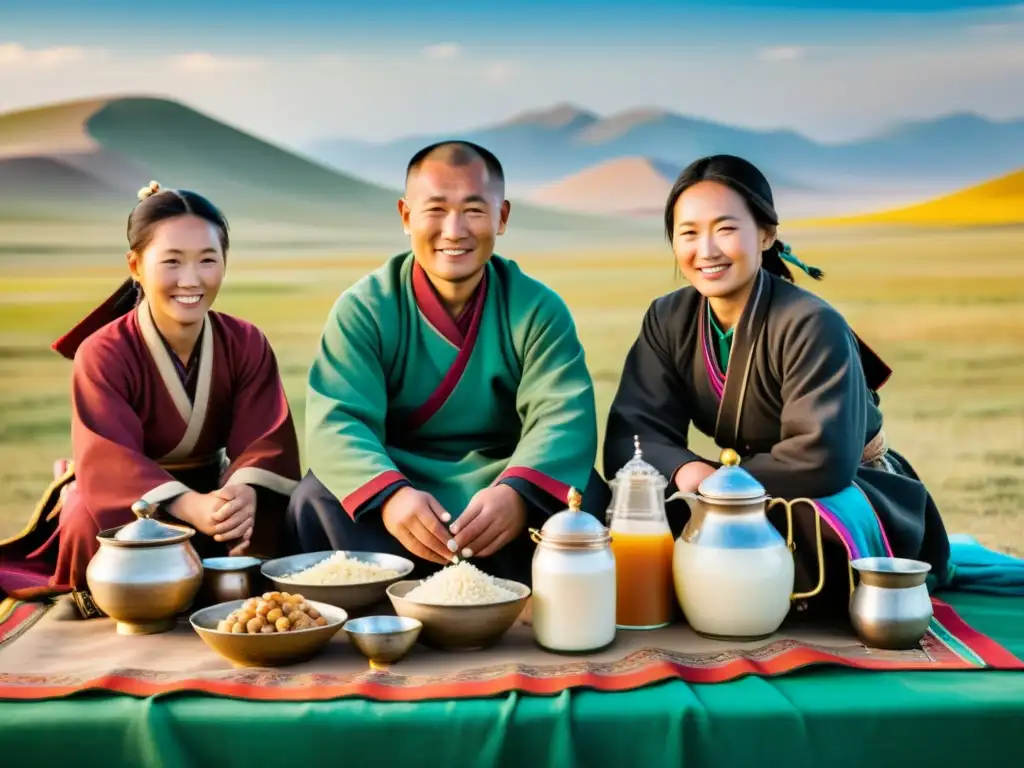 Una familia nómada tradicional del Imperio Mongol se reúne alrededor de una mesa ornamental con platos tradicionales, en la vasta estepa