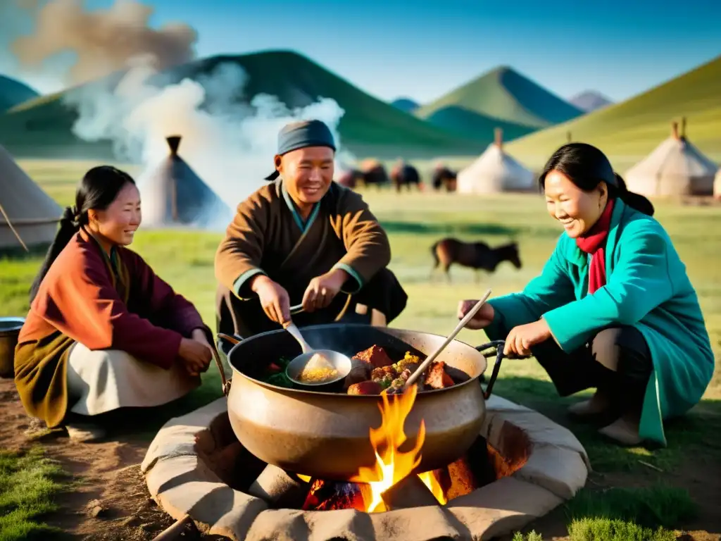 Una familia nómada tradicional del Imperio Mongol prepara platos tradicionales alrededor de un caldero humeante en la belleza agreste de Mongolia