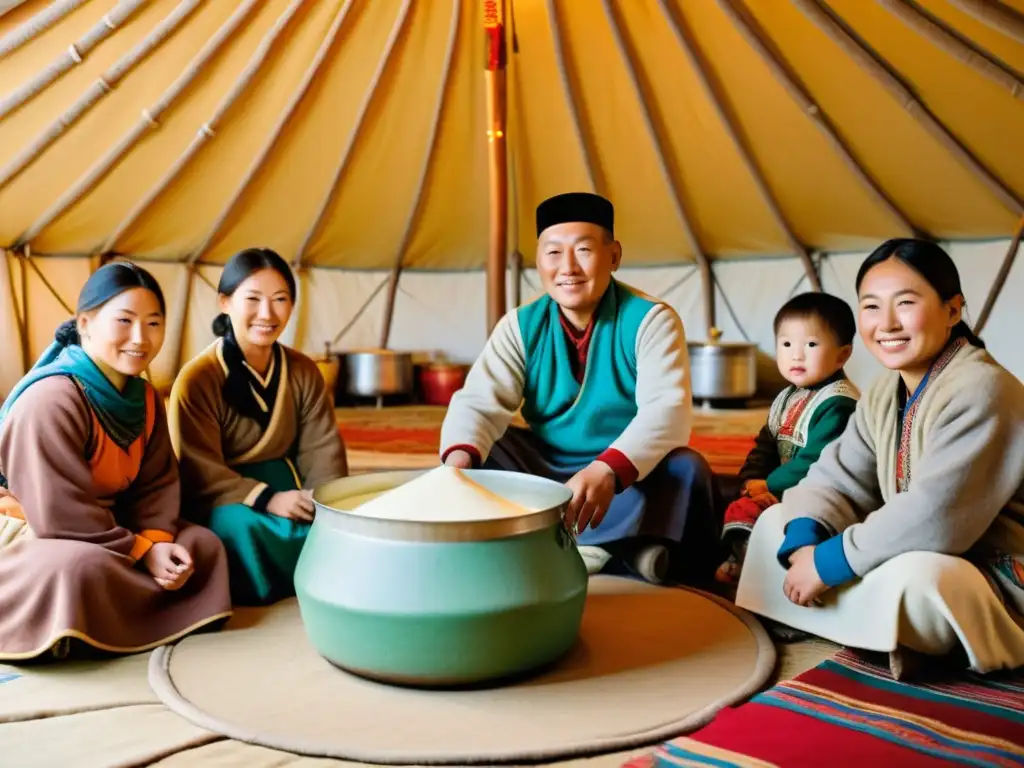 Una familia nómada mongola comparte lácteos en su yurta, creando una atmósfera cálida y acogedora