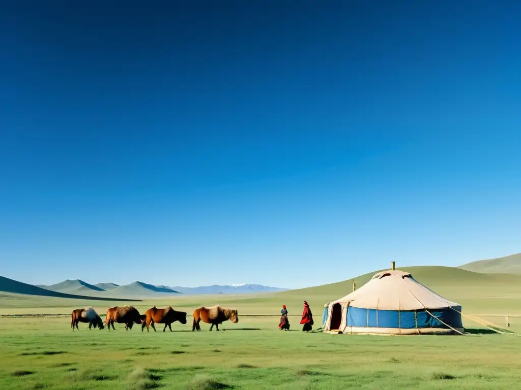 Una familia nómada en Mongolia, con su yurta tradicional, pastorea ganado en las extensas praderas