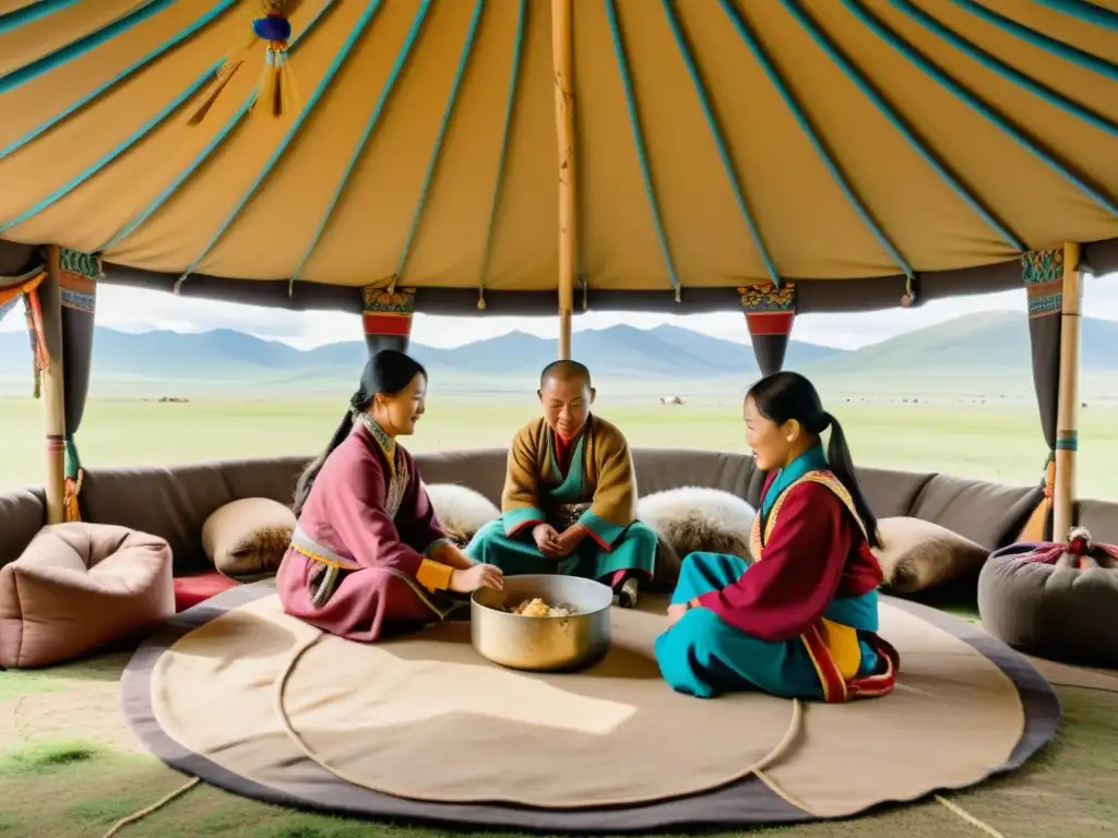 Una familia nómada tradicional de Mongolia dentro de su yurta, mostrando roles familiares en el Imperio Mongol