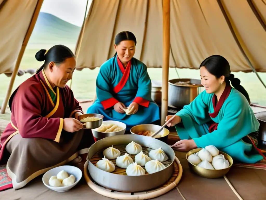 Una familia nómada mongola prepara platos del Imperio Mongol en su yurta, rodeados por el paisaje pintoresco de Mongolia