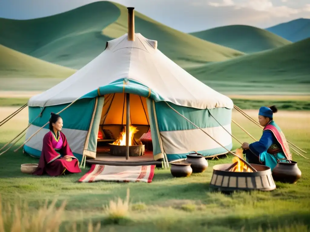 Una familia nómada prepara platos del Imperio Mongol en una yurta tradicional, rodeada de vastas praderas y coloridos atuendos