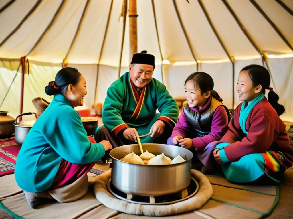 Una familia nómada mongola preparando y disfrutando platos tradicionales en su acogedora ger, mostrando la esencia de la gastronomía mongola