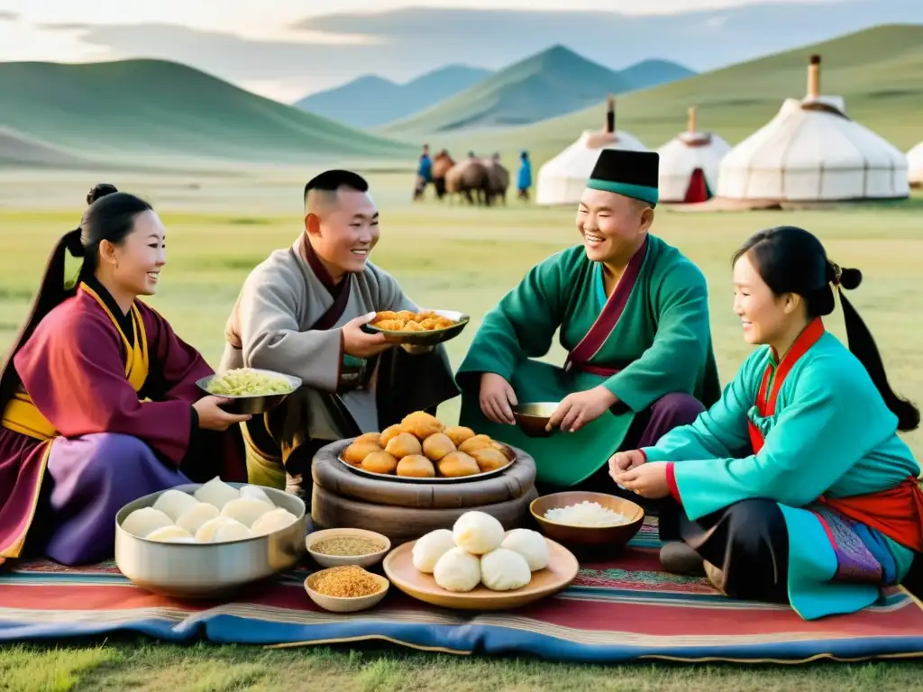 Una familia nómada mongola disfruta de platos tradicionales de la gastronomía mongola alrededor de una mesa de madera, en un paisaje vasto