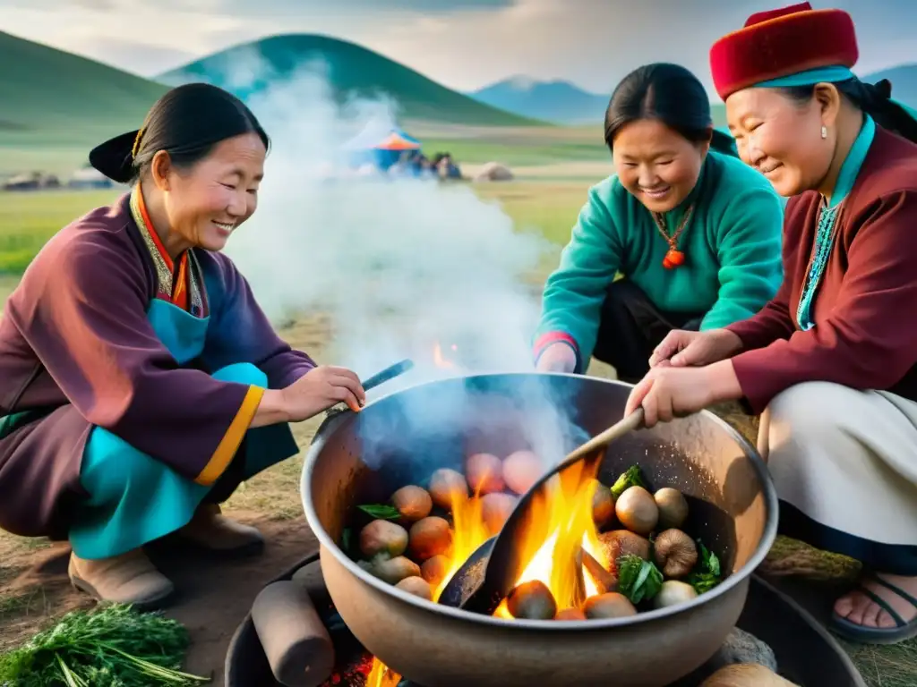 Una familia nómada mongola prepara una receta tradicional en la estepa, añadiendo hierbas frescas al caldero sobre el fuego