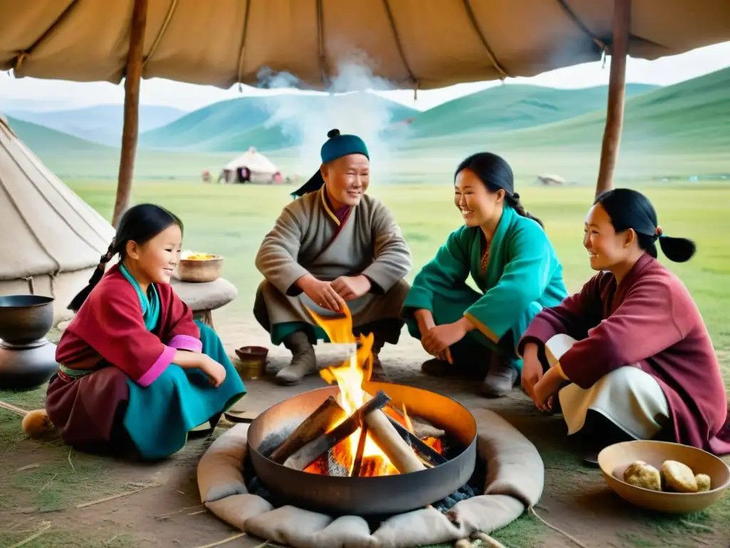 Una familia nómada mongola prepara recetas tradicionales alrededor del fuego, en un paisaje impresionante