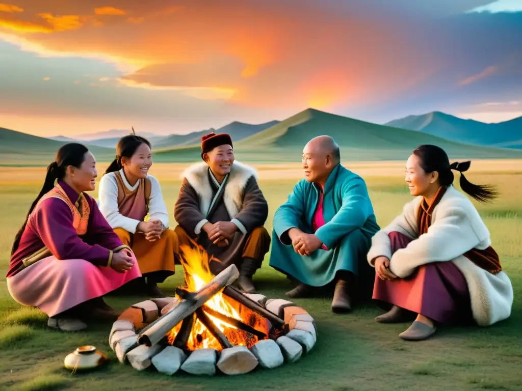 Una familia nómada tradicional mongola reunida alrededor de una fogata al atardecer, escuchando historias