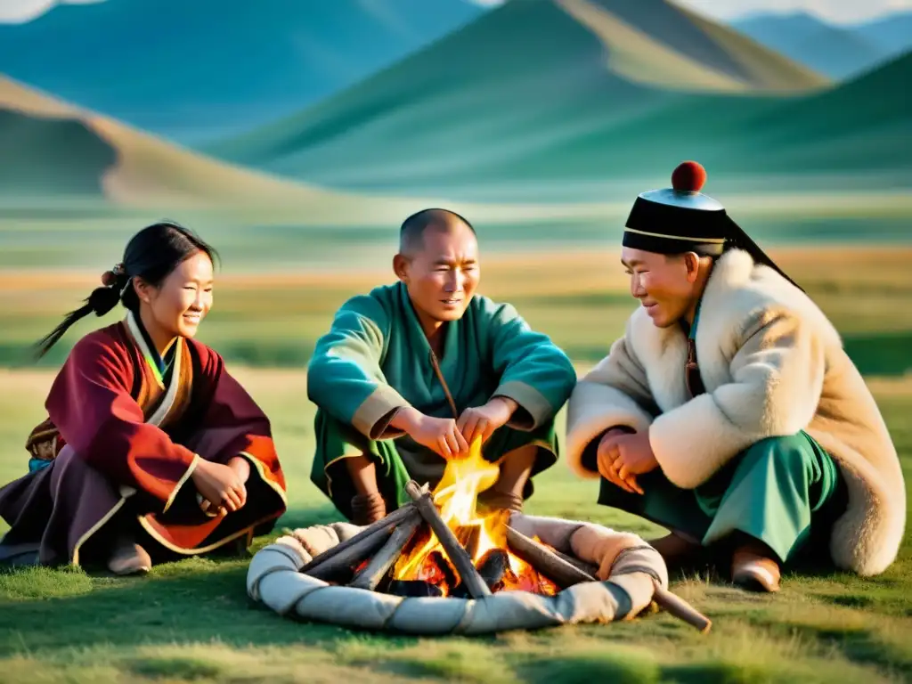 Una familia nómada tradicional mongola reunida alrededor de una fogata en la estepa, preservación del lenguaje mongol globalizado