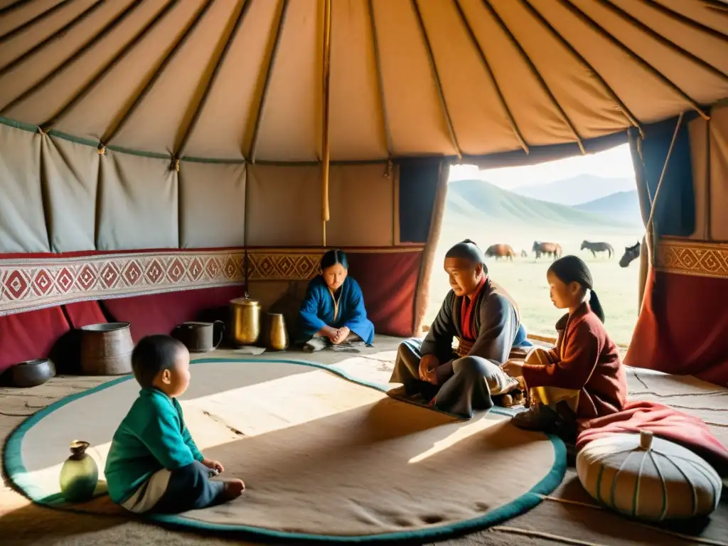 Una familia nómada mongola teje el tejido social de Mongolia en su yurta, rodeada de praderas abiertas