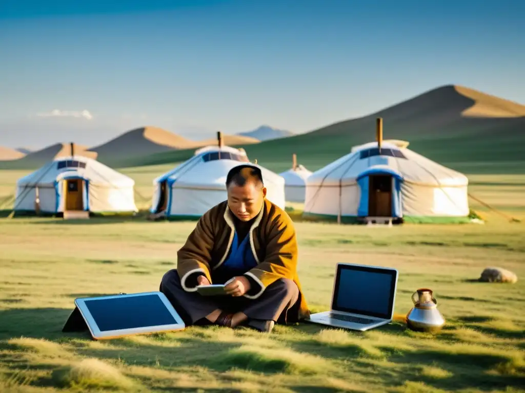 Una familia nómada mongol utiliza tecnología solar para alimentar sus yurtas tradicionales, mientras usan tablets y laptops