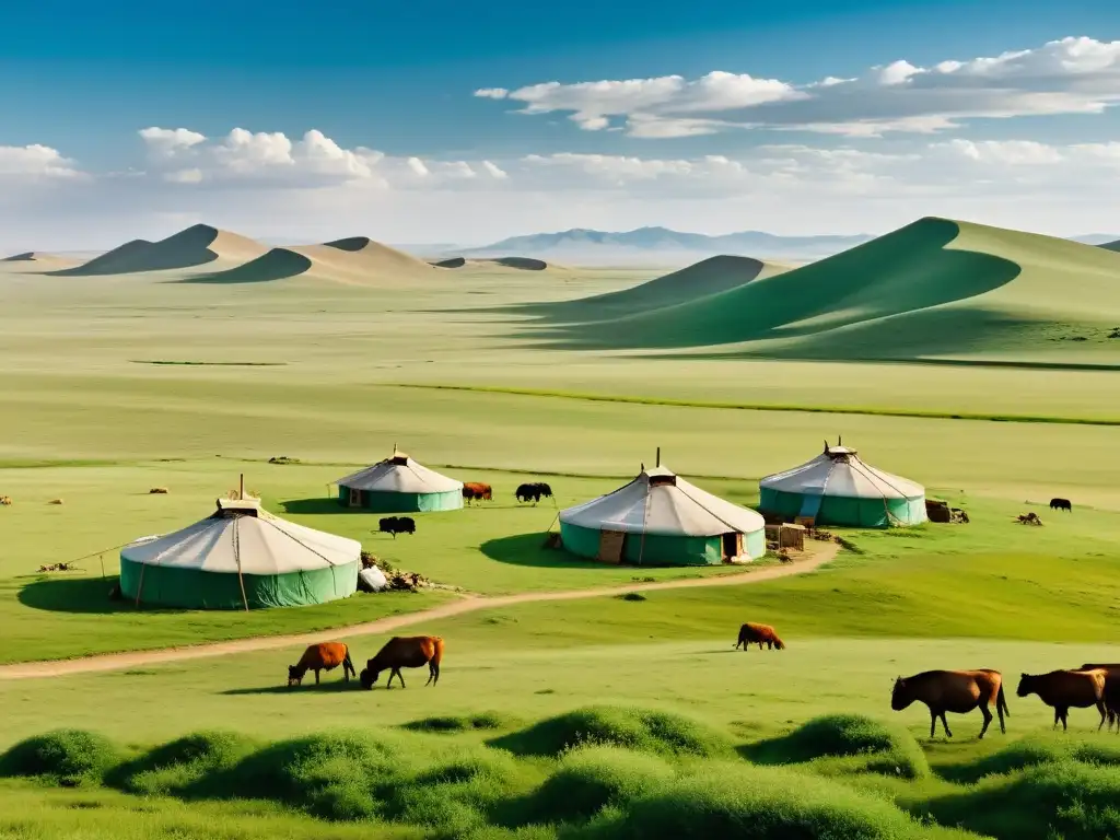 Familia nómada cuidando su tradicional hogar en la estepa mongol, demostrando la influencia del Imperio Mongol