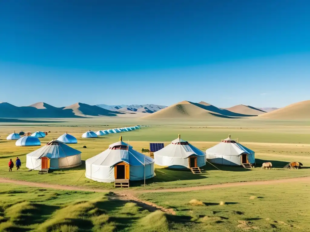 Una familia nómada tradicional en la estepa mongol, con paneles solares y antenas satelitales
