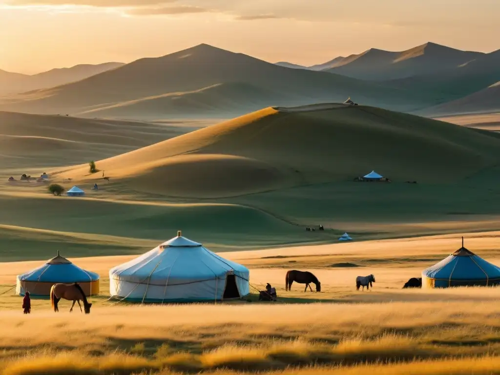 Una familia nómada cuida de sus tradicionales yurtas en la vasta estepa mongola, mientras un rebaño de caballos pasta pacíficamente al atardecer