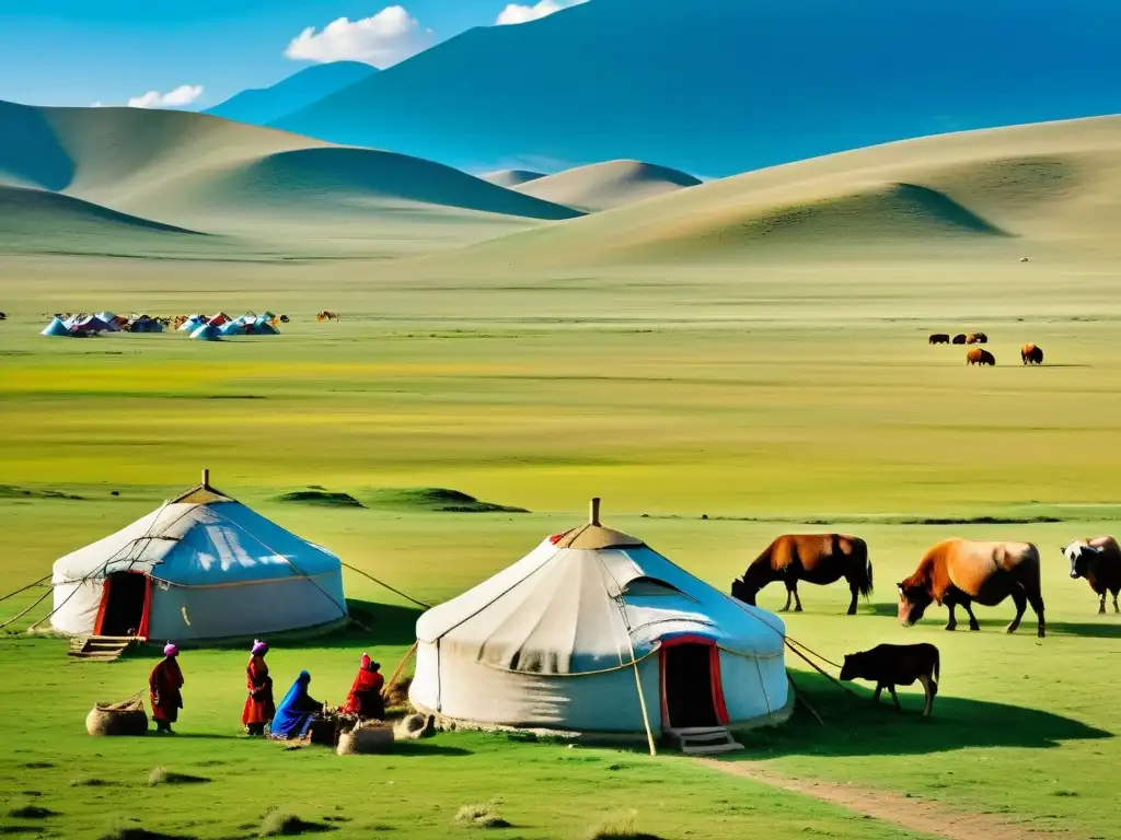 Una familia nómada tradicional de Mongolia ensambla yurtas en la vasta estepa, con el cielo azul de fondo