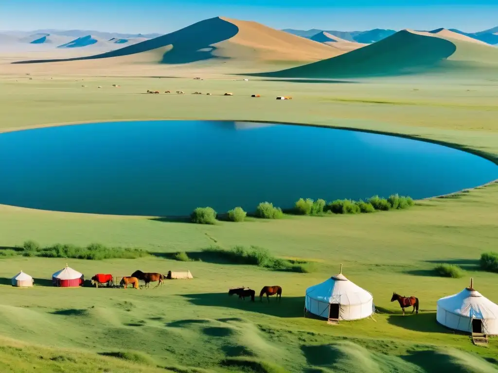 Una familia nómada en la vasta estepa mongol, con yurtas tradicionales y caballos