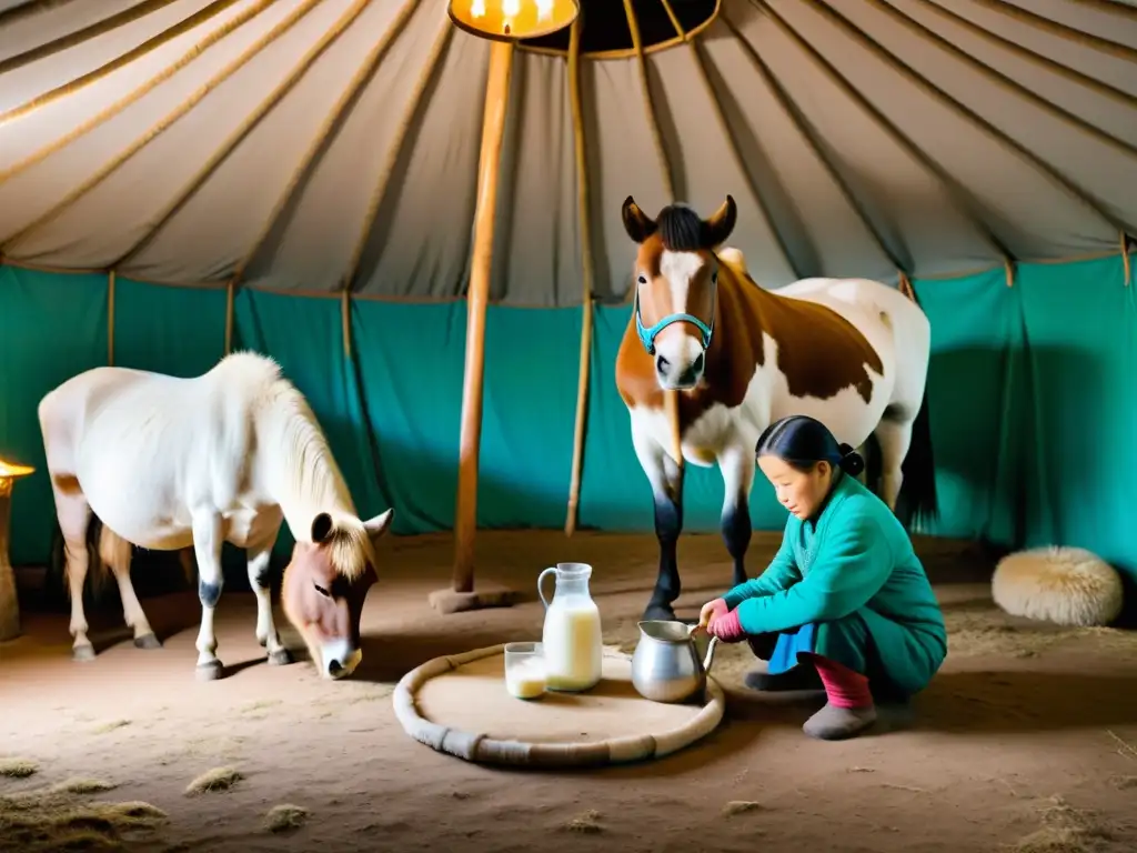 Una familia nómada tradicional de Mongolia ordeña a una yegua para hacer kumis, la bebida nacional del Imperio Mongol, dentro de una acogedora yurta en la vasta estepa mongola, exudando autenticidad cultural y tradición atemporal