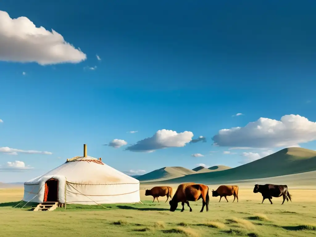 Una familia nómada en su yurta tradicional, rodeada de ganado en la vasta estepa mongola, evocando el comercio en la antigua Mongolia