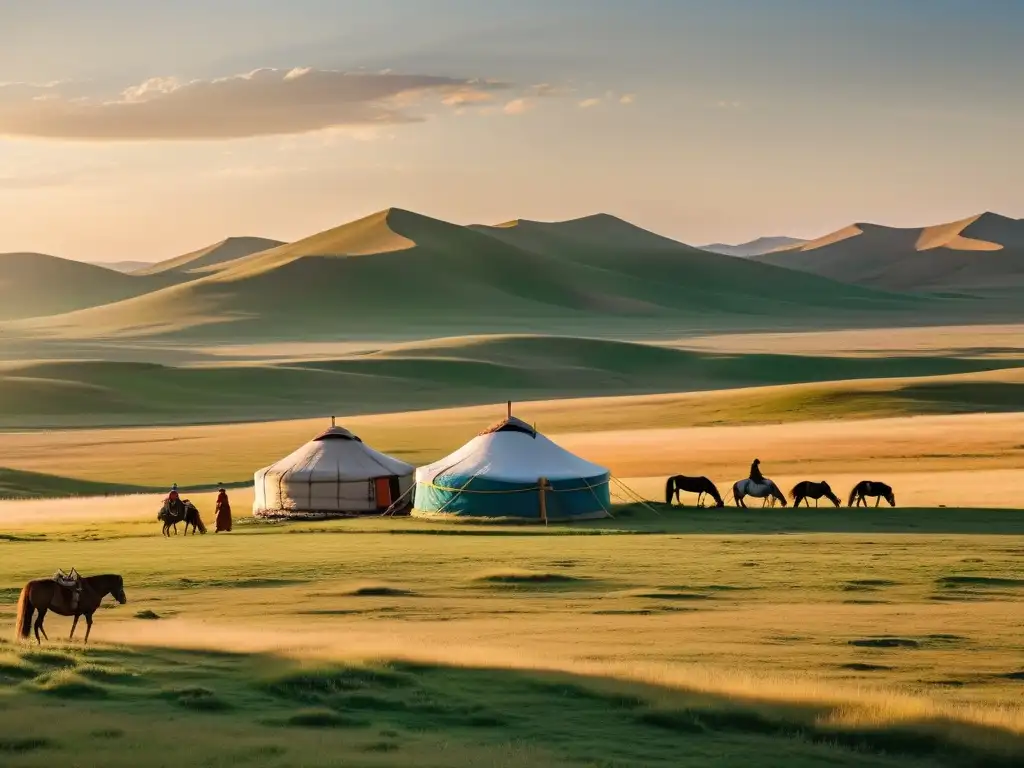 Una familia nómada y su yurta tradicional en la vasta estepa mongola al atardecer, mostrando la diversidad lingüística del Imperio Mongol