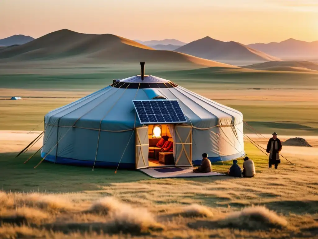 Una familia nómada en la estepa mongol, con una yurta tradicional y un panel solar, simboliza la transformación digital en la sociedad nómada